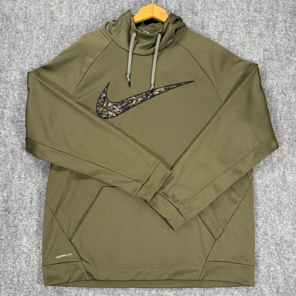 Nike Therma-FIT Hoodie Men's XXL Olive Green Camo Swoosh Pullover
